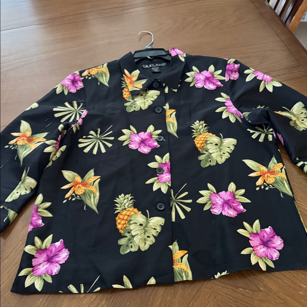 100% Silk 🍍Pineapple Palm Tropical Flower Hibiscus Button Down 3/4 Sleeve sz 16